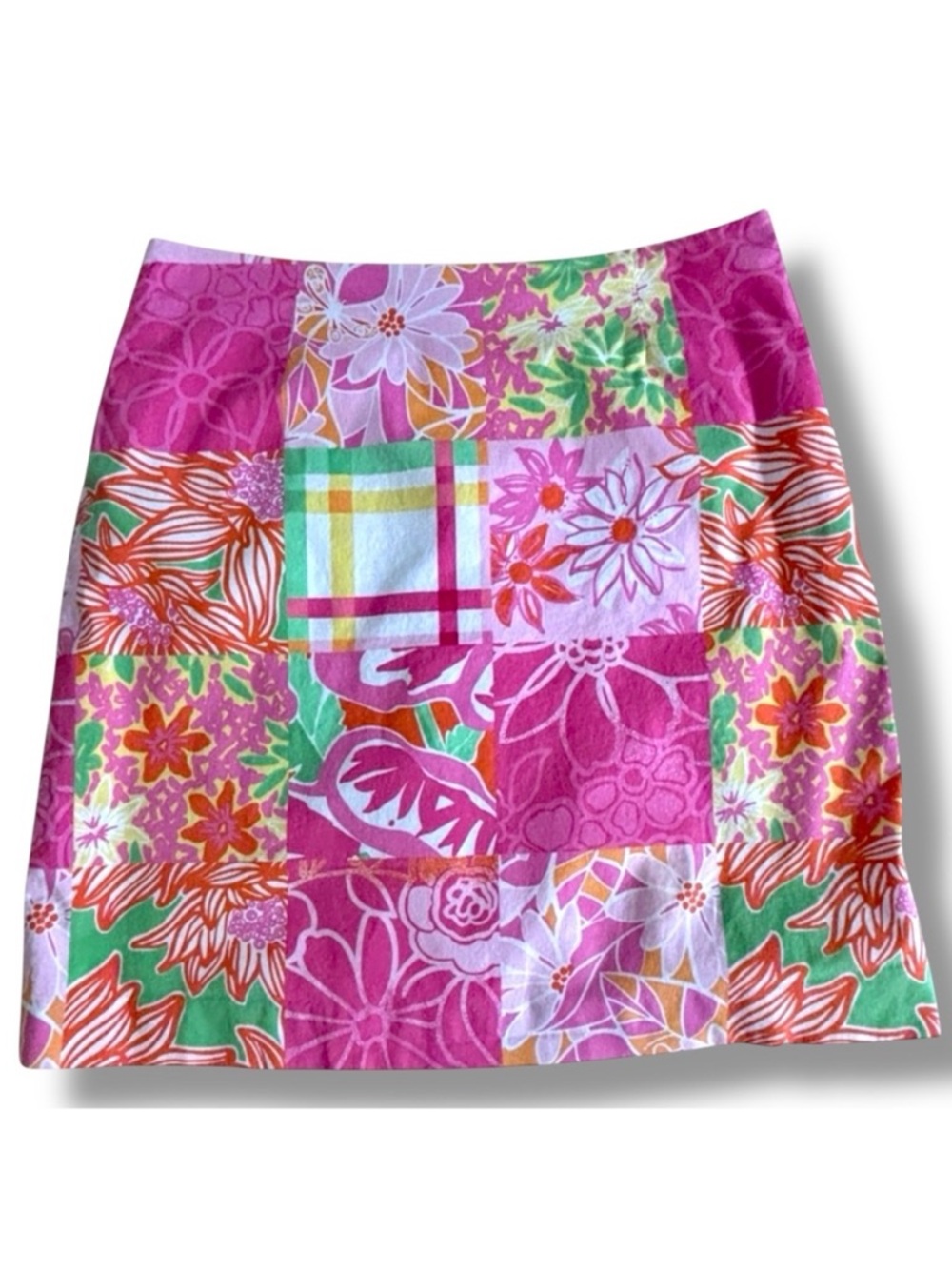 Lilly Pulitzer Vintage Patchwork Stretch Floral Mini Skirt Pink Green Size 4